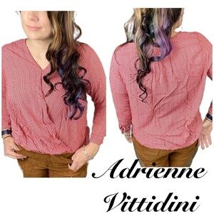 Red white spliced v-neck banded long sleeve blouse